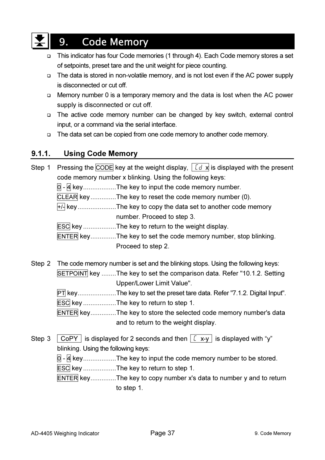 A&D AD-4405 manual Using Code Memory 