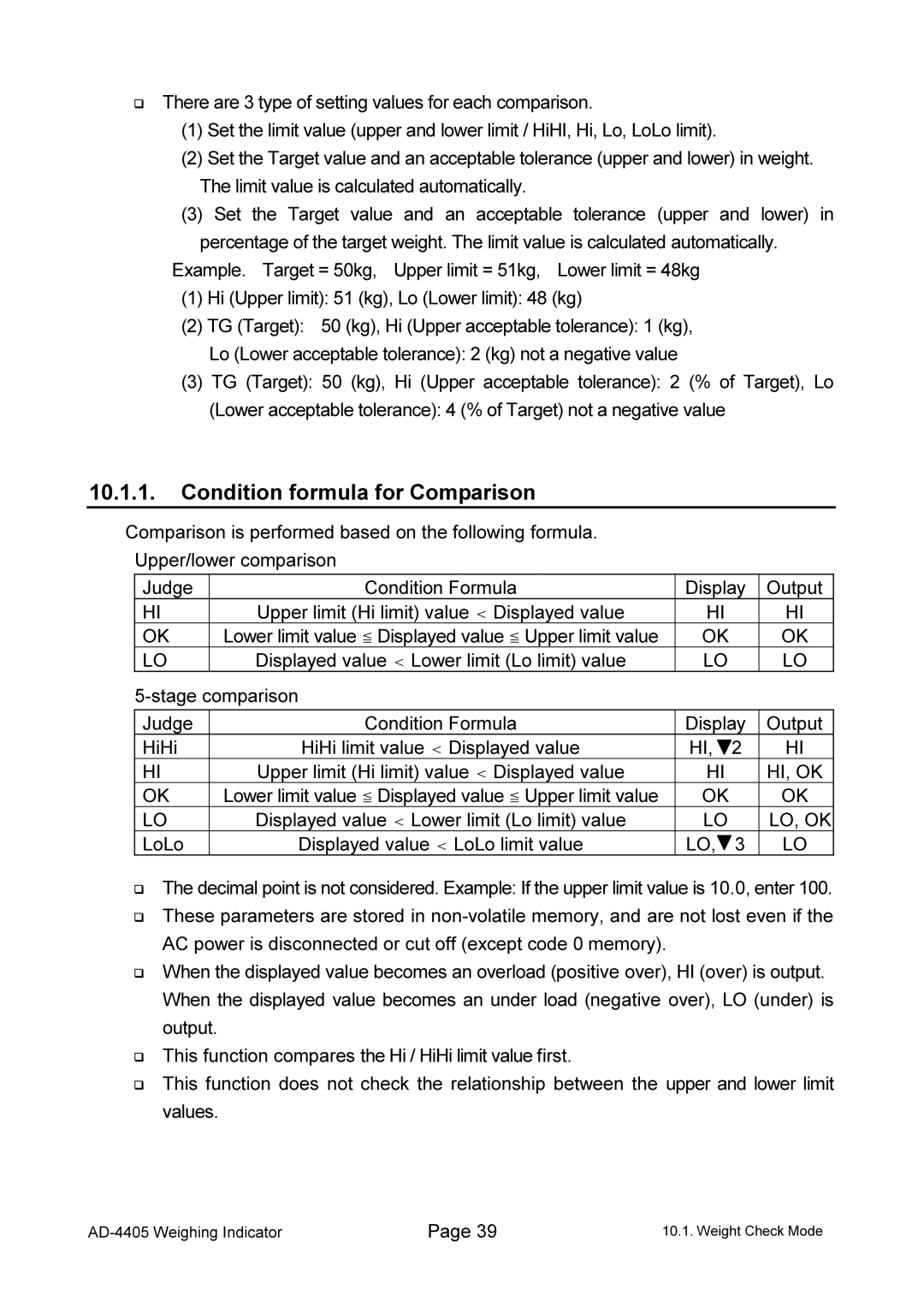 A&D AD-4405 manual Condition formula for Comparison, Hi, Ok, Lo, Ok 