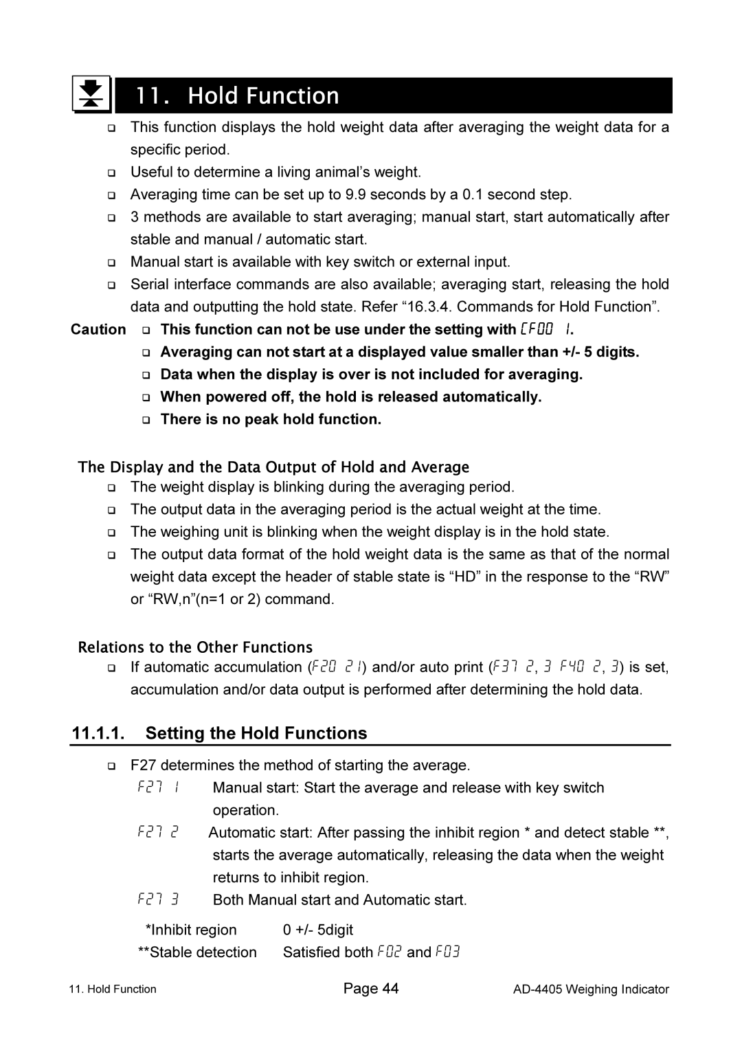 A&D AD-4405 manual Setting the Hold Functions, Display and the Data Output of Hold and Average 