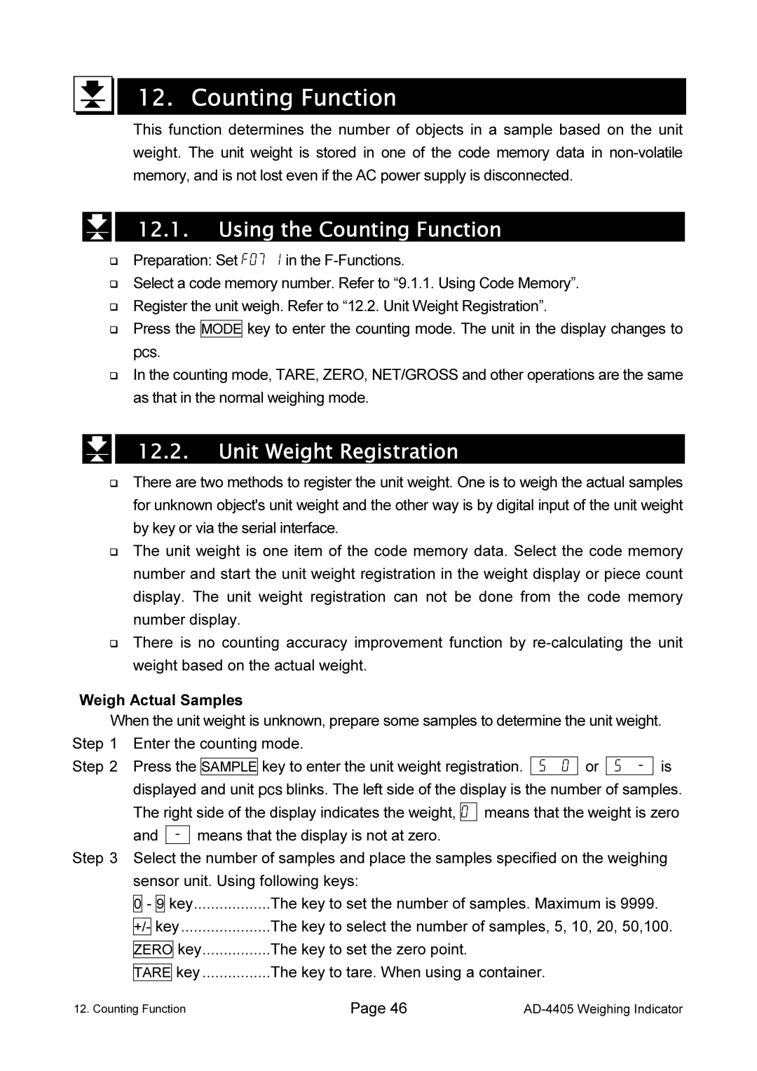 A&D AD-4405 manual Using the Counting Function, Unit Weight Registration 