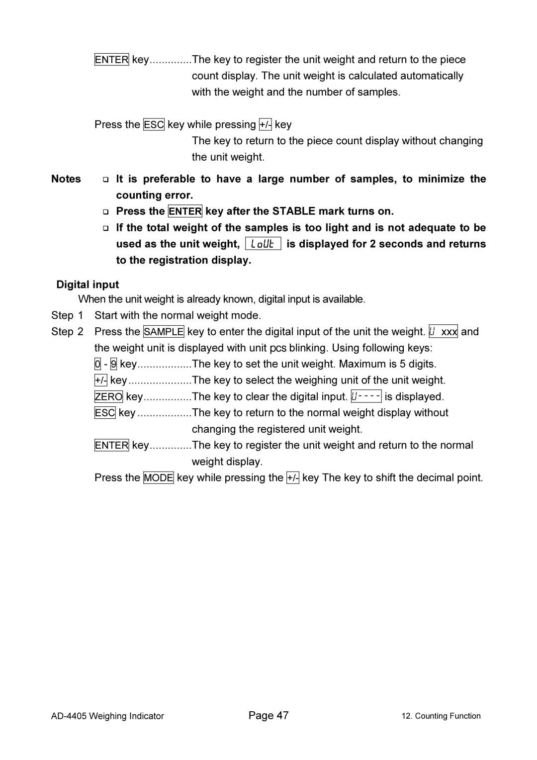 A&D AD-4405 manual Key to register the unit weight and return to the piece 