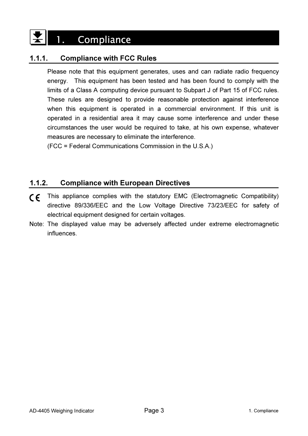 A&D AD-4405 manual Compliance with FCC Rules, Compliance with European Directives 