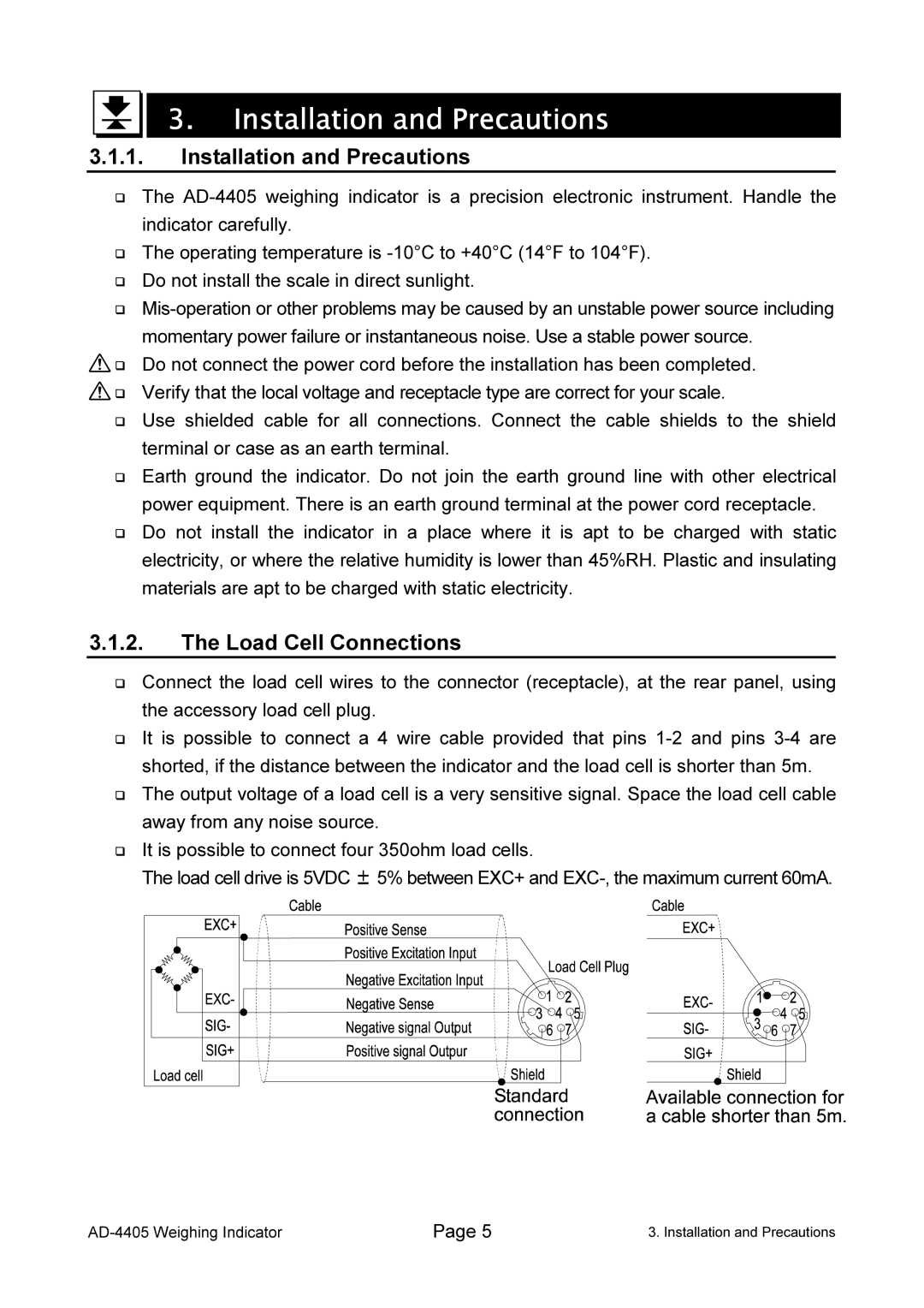 A&D AD-4405 manual Installation and Precautions, Load Cell Connections 