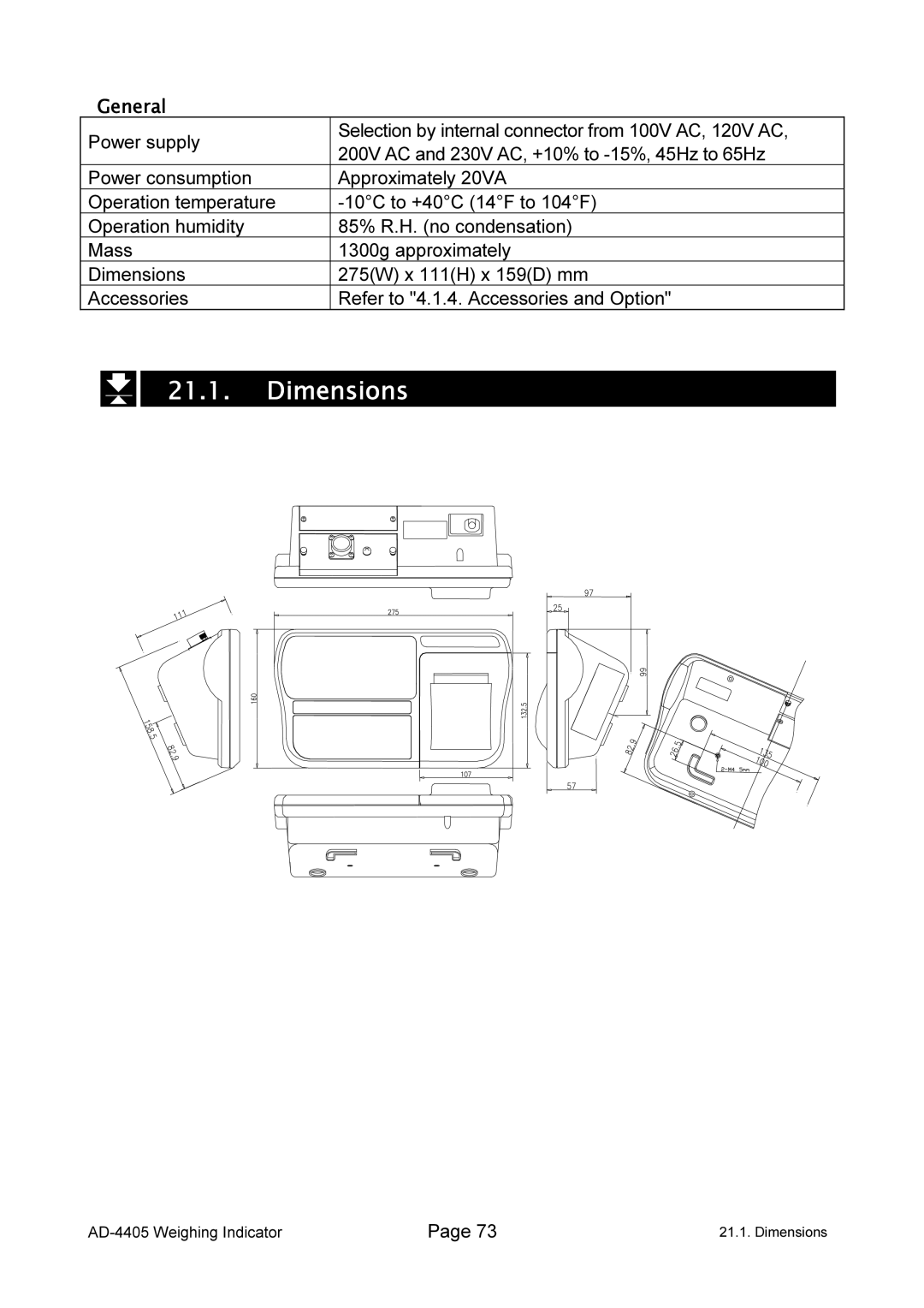 A&D AD-4405 manual Dimensions, General 