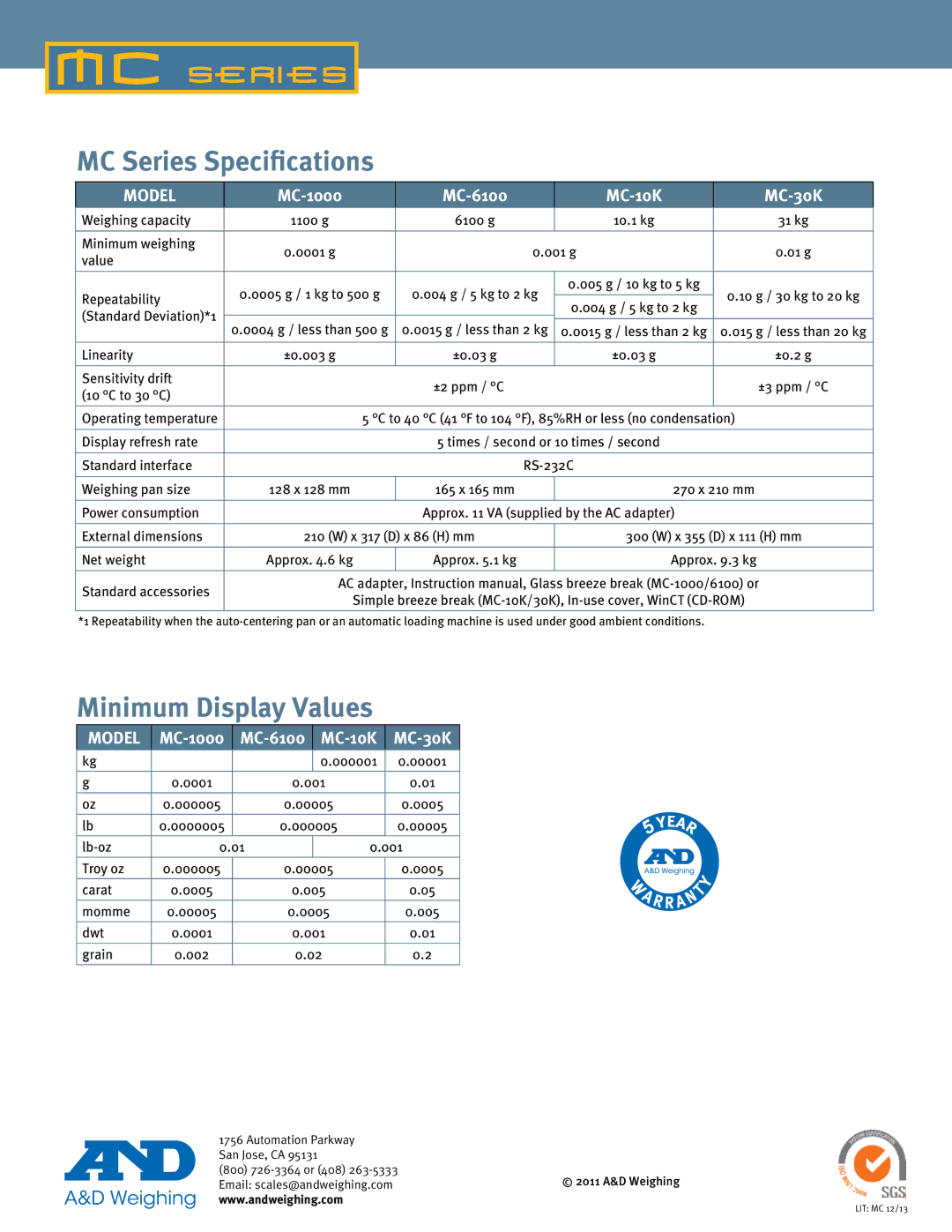 A&D AD-8922A manual MC Series Speciﬁcations 