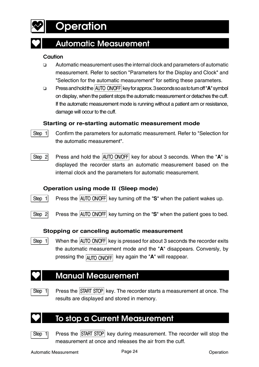 A&D Ambulatory Blood Pressure Monitor Operation, Automatic Measurement, Manual Measurement, To stop a Current Measurement 