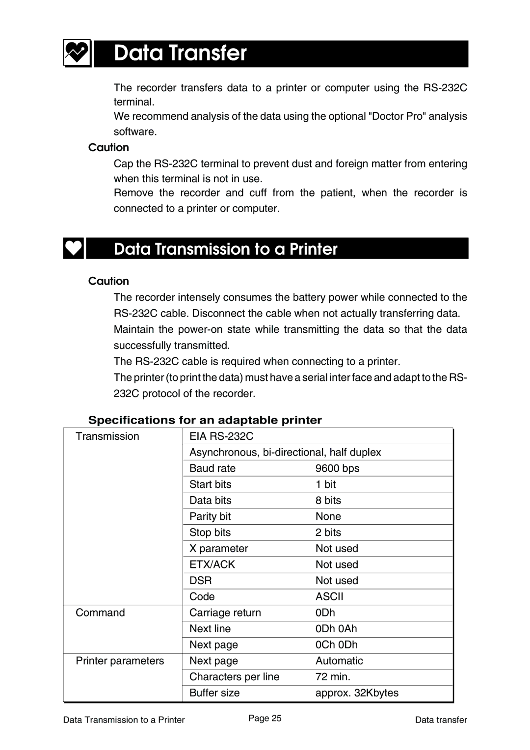 A&D Ambulatory Blood Pressure Monitor instruction manual Data Transfer, Data Transmission to a Printer 