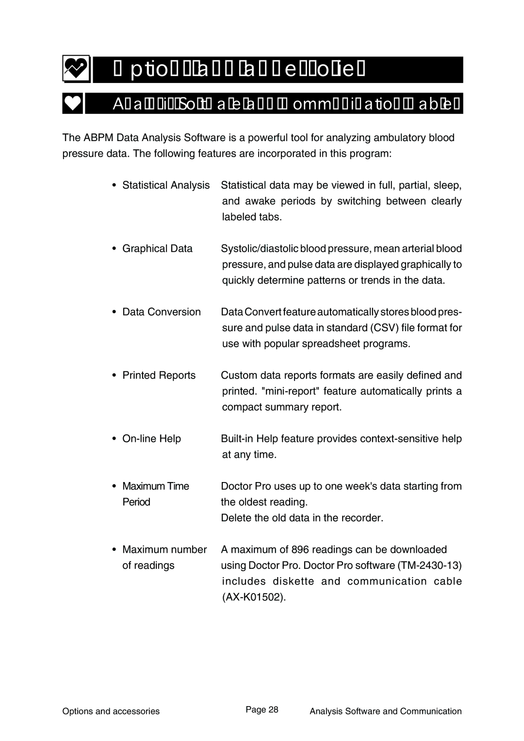 A&D Ambulatory Blood Pressure Monitor Options and accessories, Analysis Software and Communication Cables 