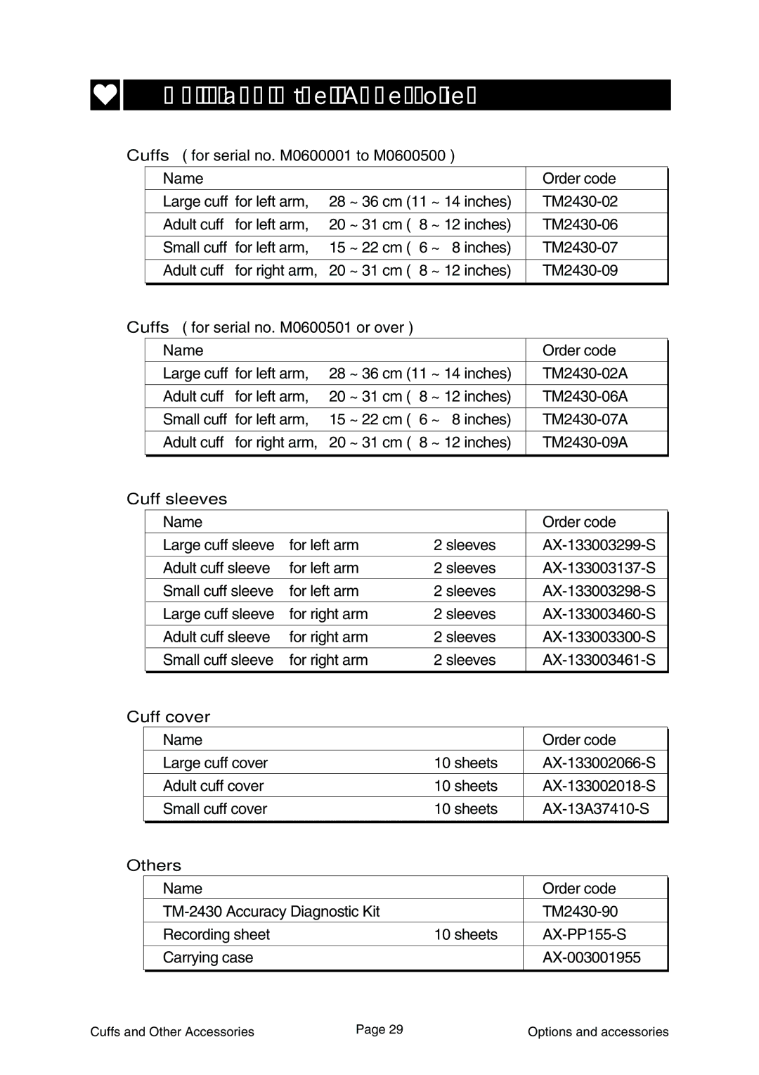 A&D Ambulatory Blood Pressure Monitor instruction manual Cuffs and Other Accessories, Cuff sleeves, Cuff cover, Others 