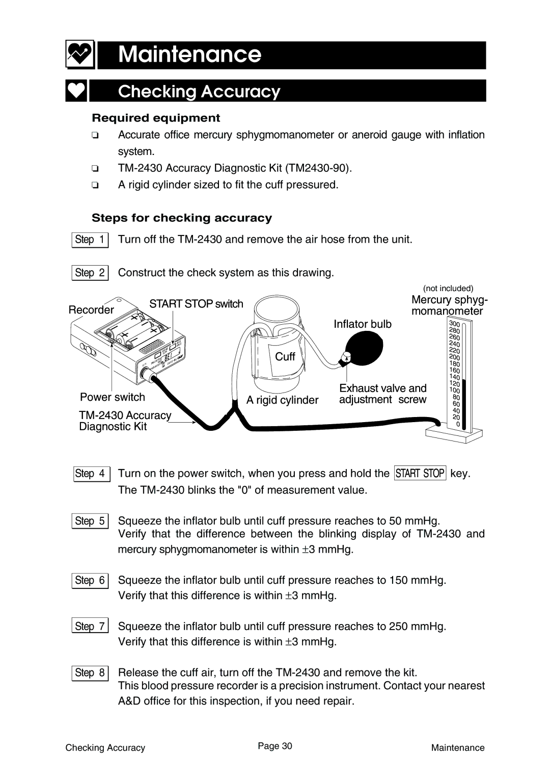 A&D Ambulatory Blood Pressure Monitor Maintenance, Checking Accuracy, Required equipment, Steps for checking accuracy 