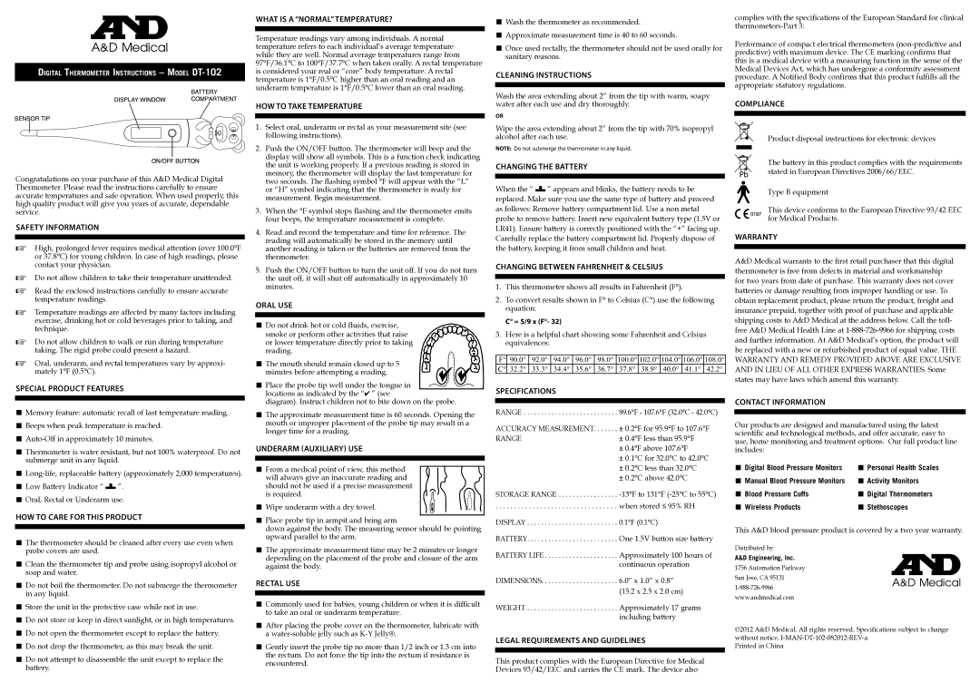 A&D DT-102 specifications What is a Normal TEMPERATURE?, Cleaning Instructions, HOW to Take Temperature, Compliance 