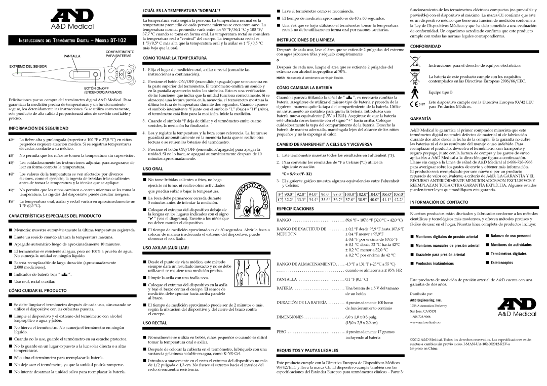 A&D DT-102 Información DE Seguridad, Características Especiales DEL Producto, Cómo Cuidar EL Producto, USO Oral, Garantía 