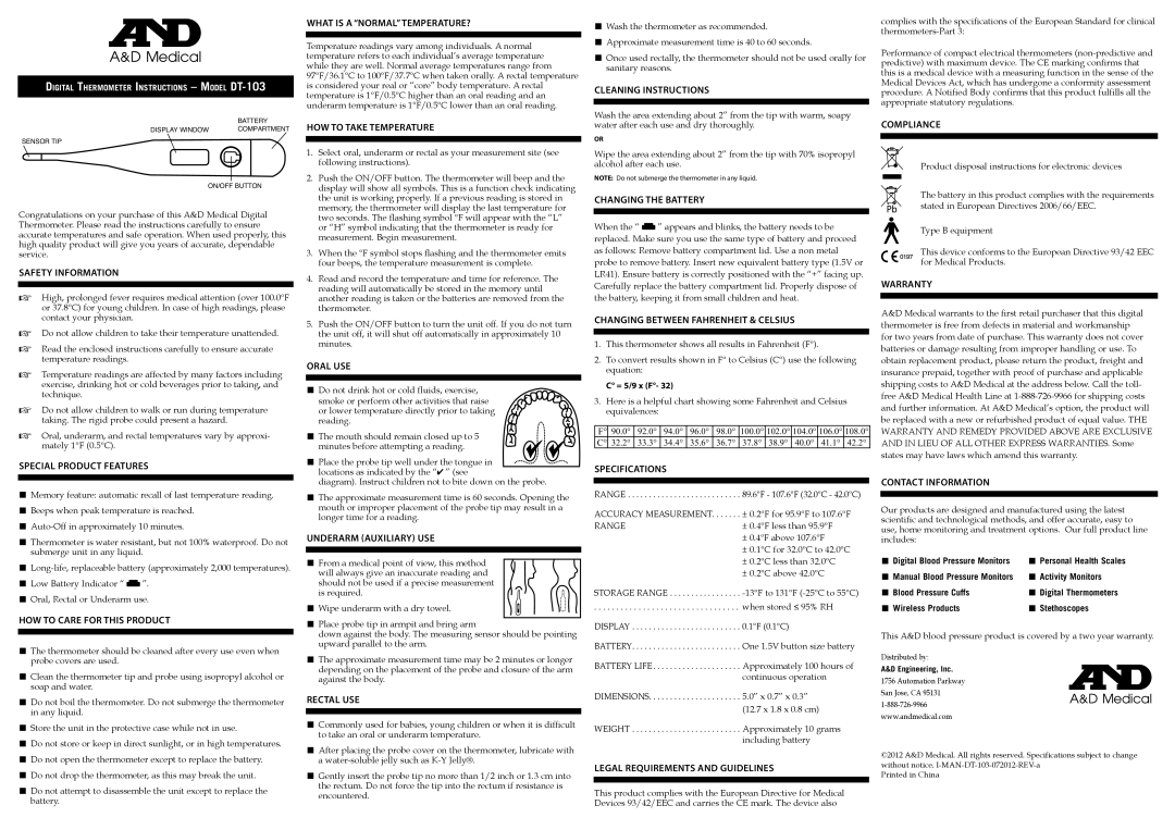 A&D DT-103 specifications What is a Normal TEMPERATURE?, HOW to Take Temperature, Cleaning Instructions, Compliance 