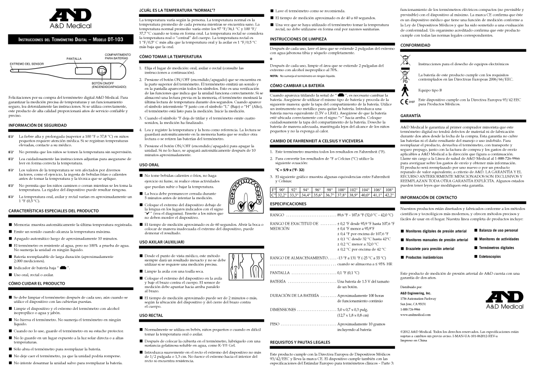 A&D DT-103 Información DE Seguridad, Características Especiales DEL Producto, Cómo Cuidar EL Producto, USO Oral, Garantía 