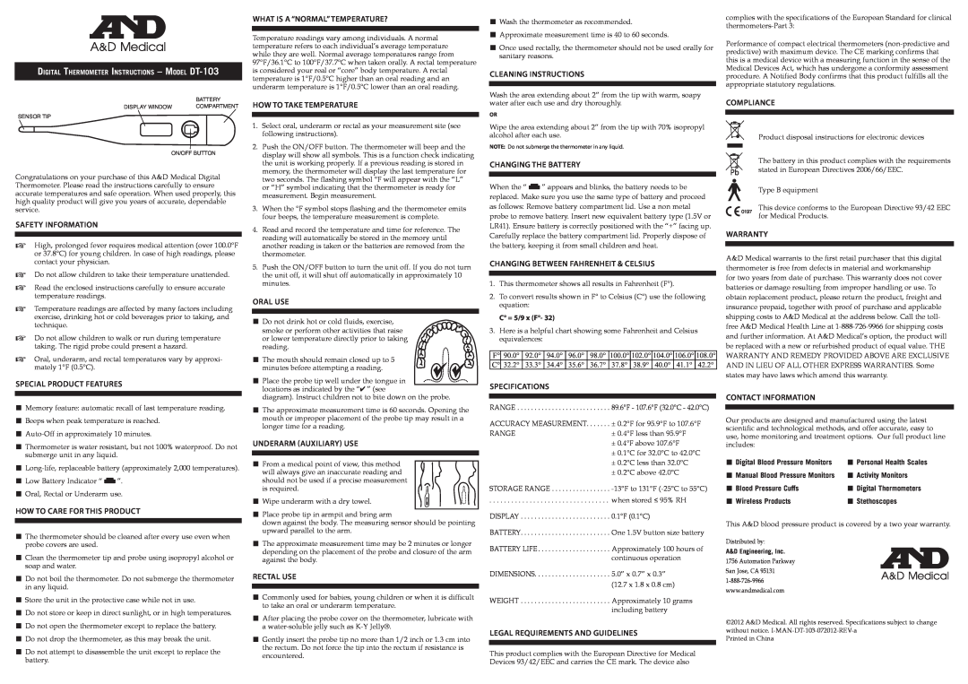 A&D DT-103 specifications What Is A “Normal” Temperature? 