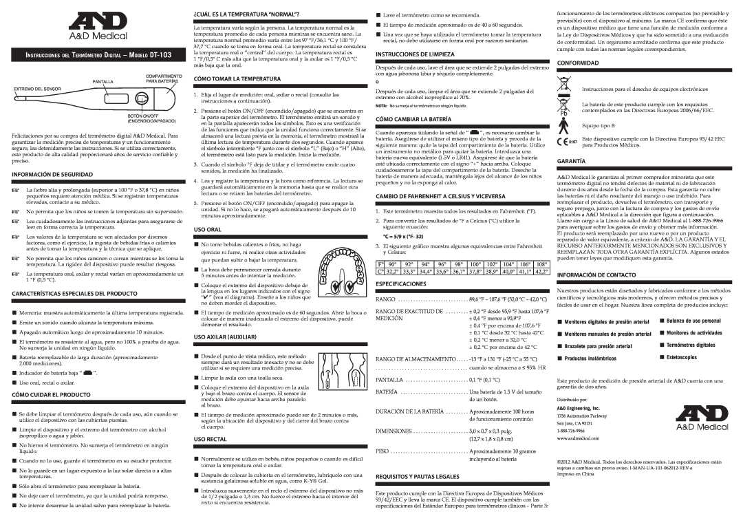 A&D DT-103 specifications Información De Seguridad 