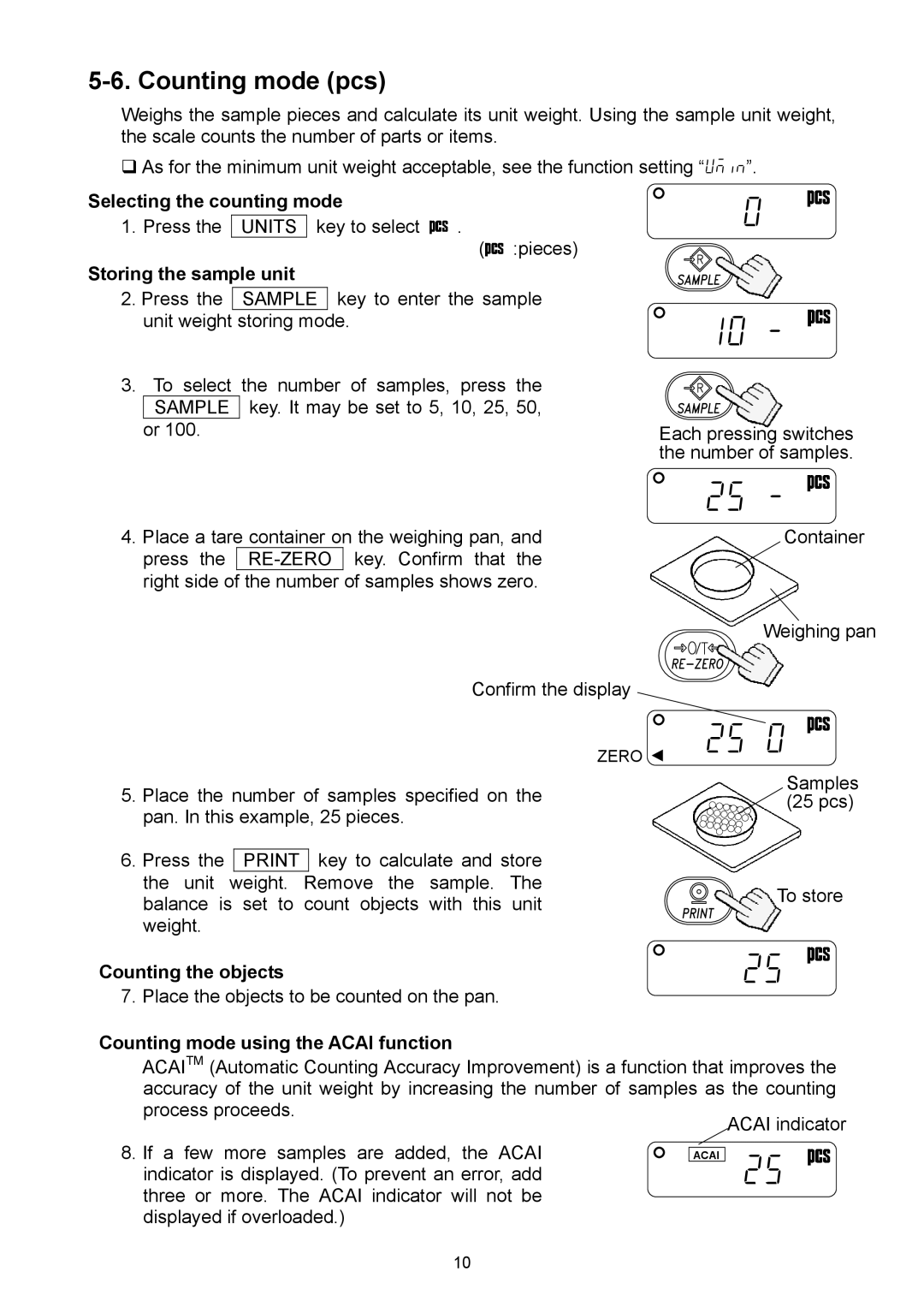 A&D EJ-440, EJ-6100, EJ-300 Counting mode pcs, Selecting the counting mode, Storing the sample unit, Counting the objects 