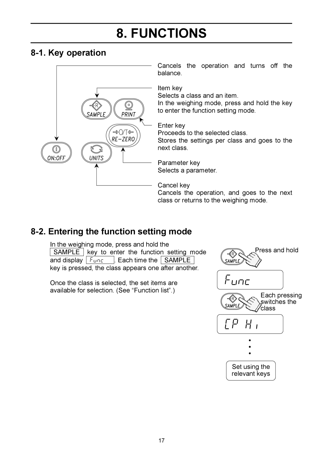 A&D EJ-1500, EJ-6100, EJ-440, EJ-3000, EJ-200, EJ-4100 Functions, Cp Hi, Key operation, Entering the function setting mode 