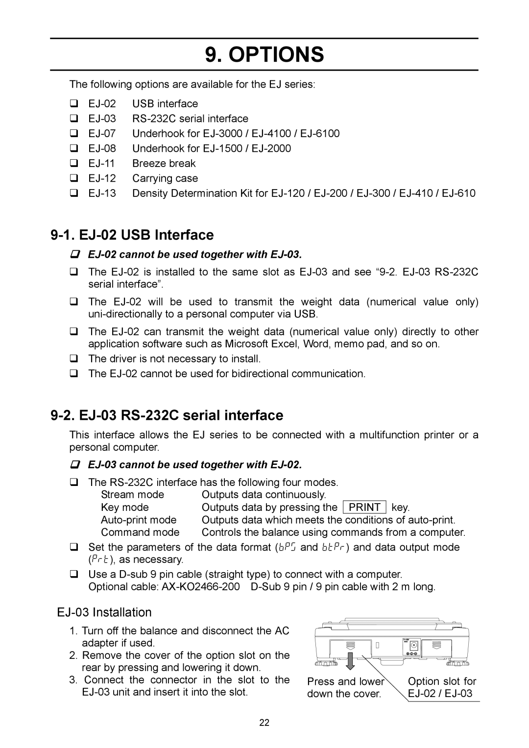 A&D EJ-3000, EJ-6100, EJ-440, EJ-200, EJ-120 Options, EJ-02 USB Interface, EJ-03 RS-232C serial interface, EJ-03 Installation 