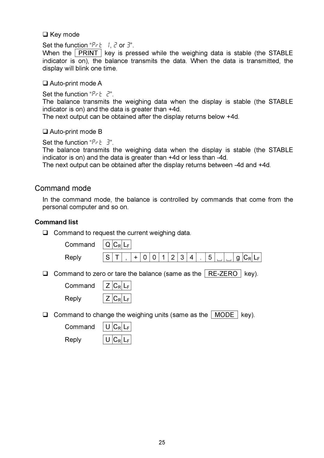 A&D EJ-120, EJ-6100, EJ-440, EJ-3000, EJ-4100, EJ-2000, EJ-1500 manual Command mode, Command list 