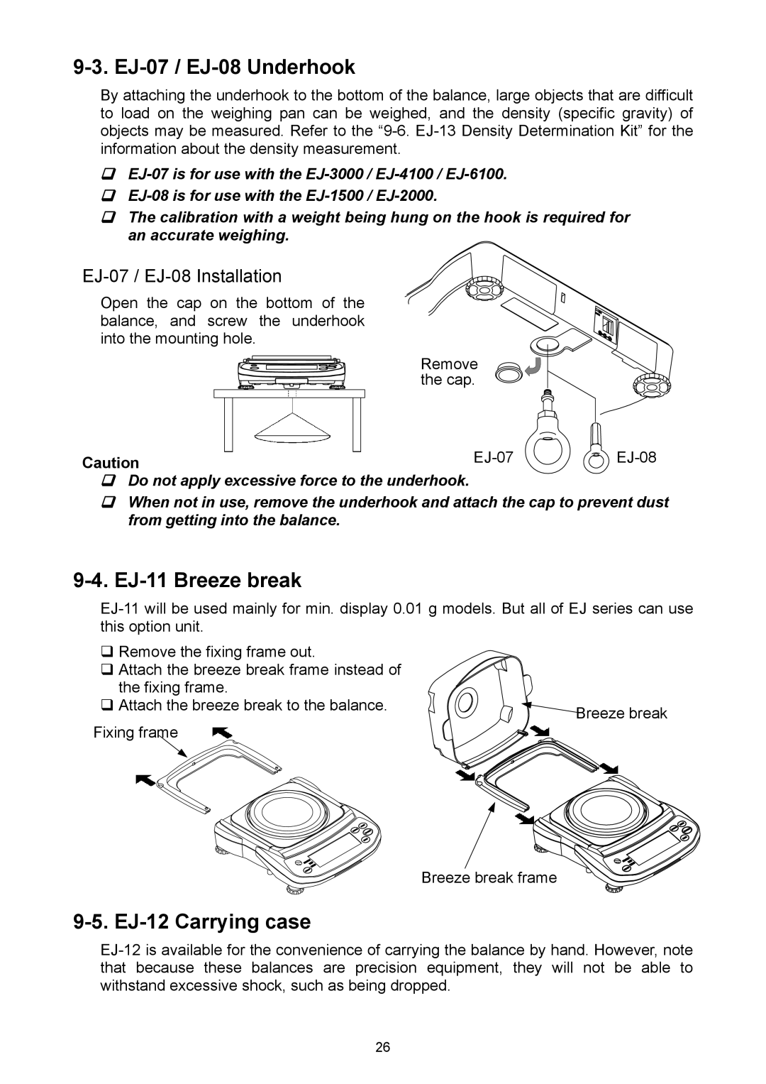 A&D EJ-2000, EJ-6100, EJ-440 EJ-07 / EJ-08 Underhook, EJ-11 Breeze break, EJ-12 Carrying case, EJ-07 / EJ-08 Installation 