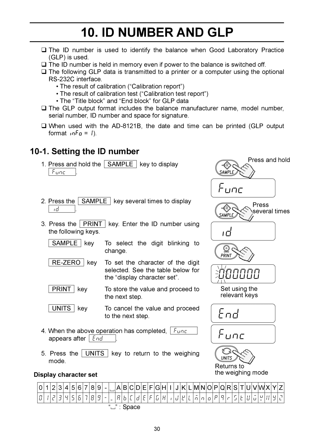 A&D EJ-440, EJ-6100, EJ-3000, EJ-200, EJ-4100 ID Number and GLP, End id func, Setting the ID number, Display character set 