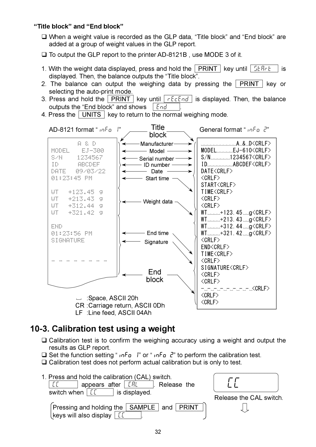 A&D EJ-3000, EJ-6100, EJ-440, EJ-200, EJ-4100 manual Calibration test using a weight, End Block, Title block and End block 