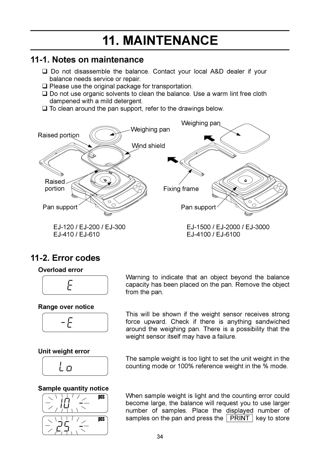 A&D EJ-4100, EJ-6100 Maintenance, Error codes, Overload error, Range over notice Unit weight error Sample quantity notice 