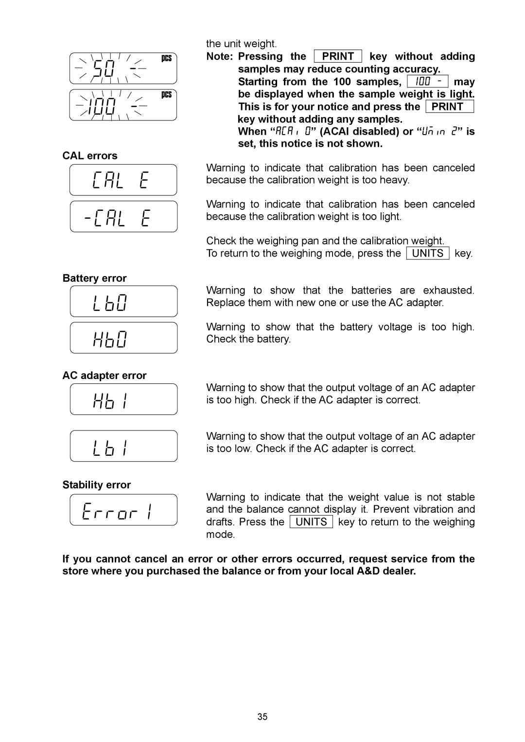 A&D EJ-120, EJ-6100, EJ-440, EJ-3000, EJ-4100, EJ-2000, EJ-1500 manual Cal e -Cal e, Lb0 Hb0, Hb1 Lb1, Error1 