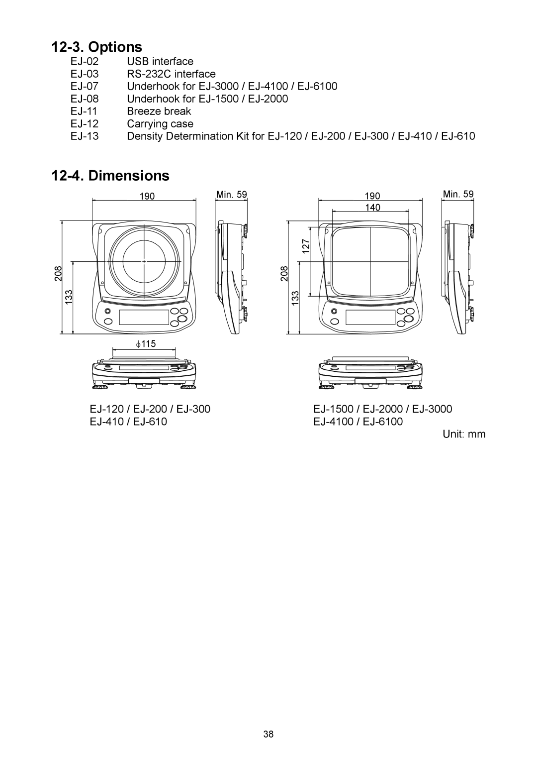 A&D EJ-6100, EJ-440, EJ-3000, EJ-4100, EJ-120, EJ-2000, EJ-1500 manual Options, Dimensions 