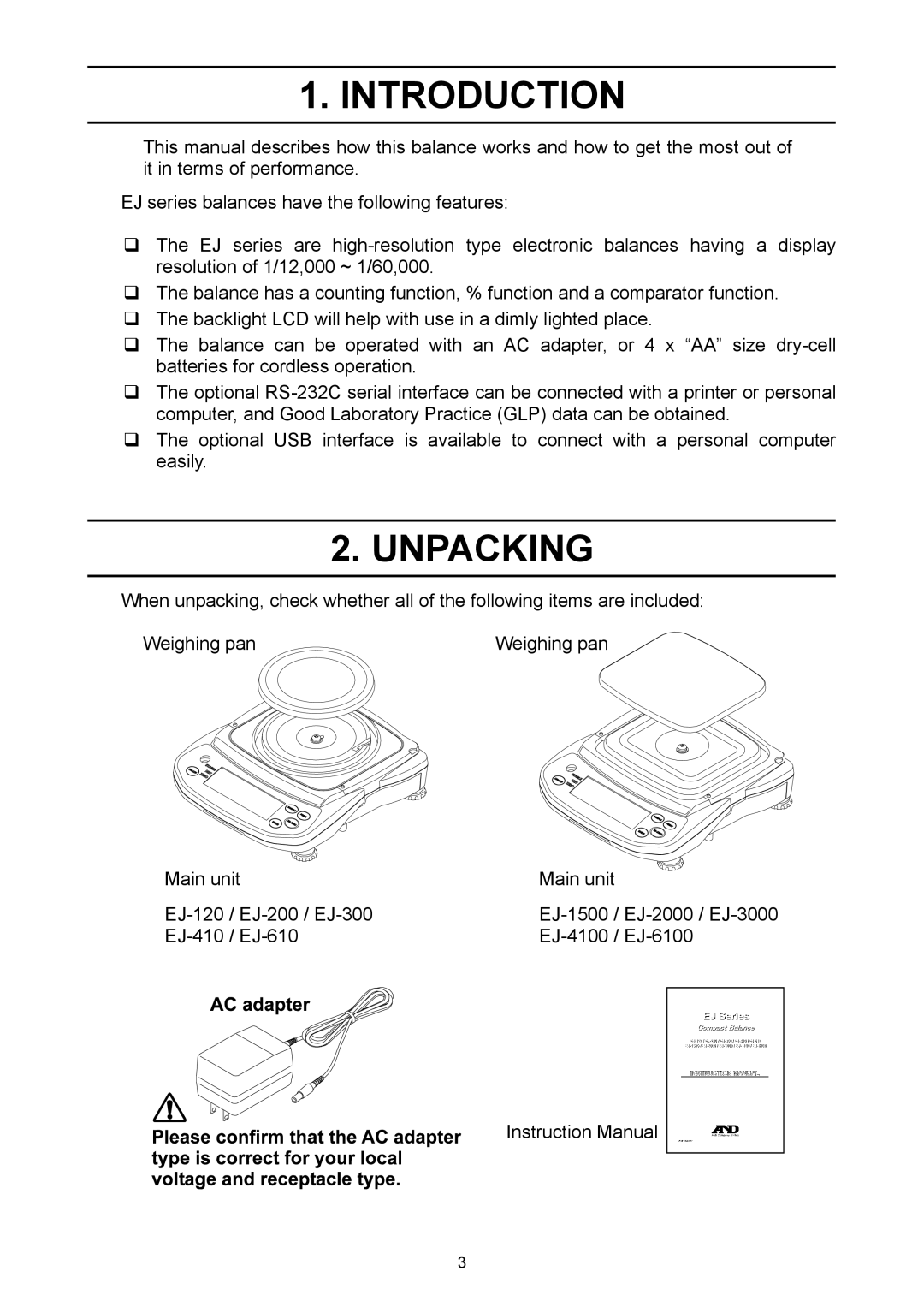 A&D EJ-6100, EJ-440, EJ-3000, EJ-4100, EJ-120, EJ-2000, EJ-1500 manual Introduction, Unpacking 