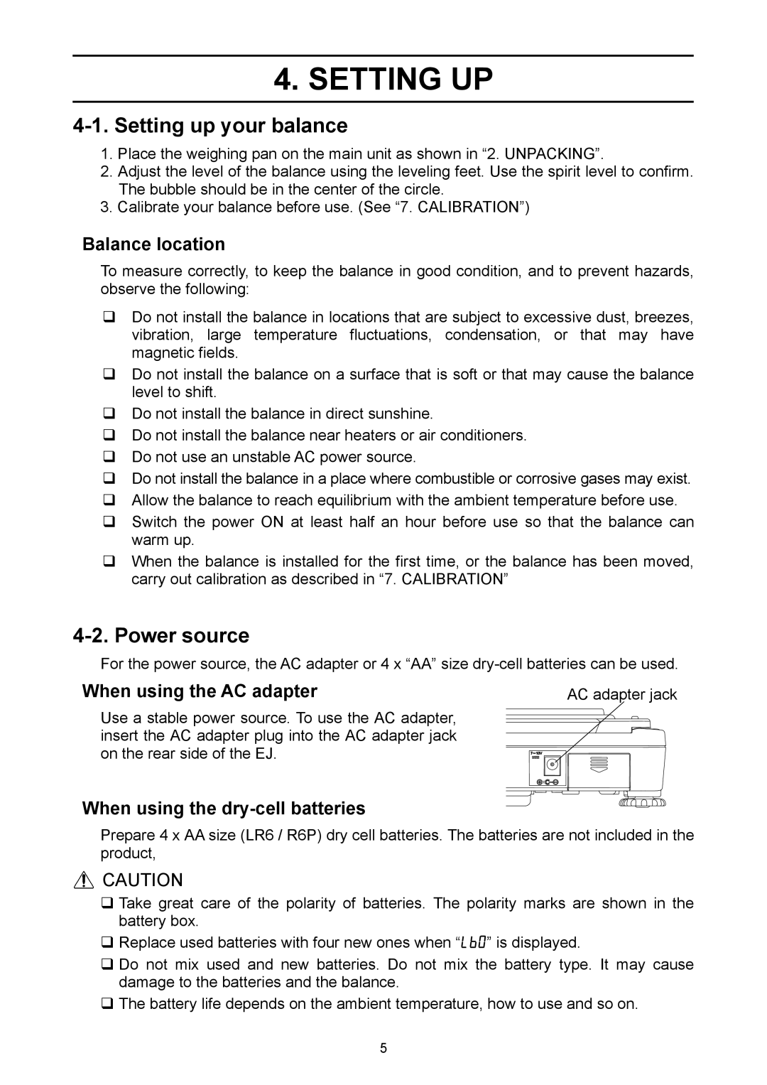 A&D EJ-120, EJ-6100, EJ-440, EJ-3000, EJ-4100, EJ-2000, EJ-1500 manual Setting UP, Setting up your balance, Power source 