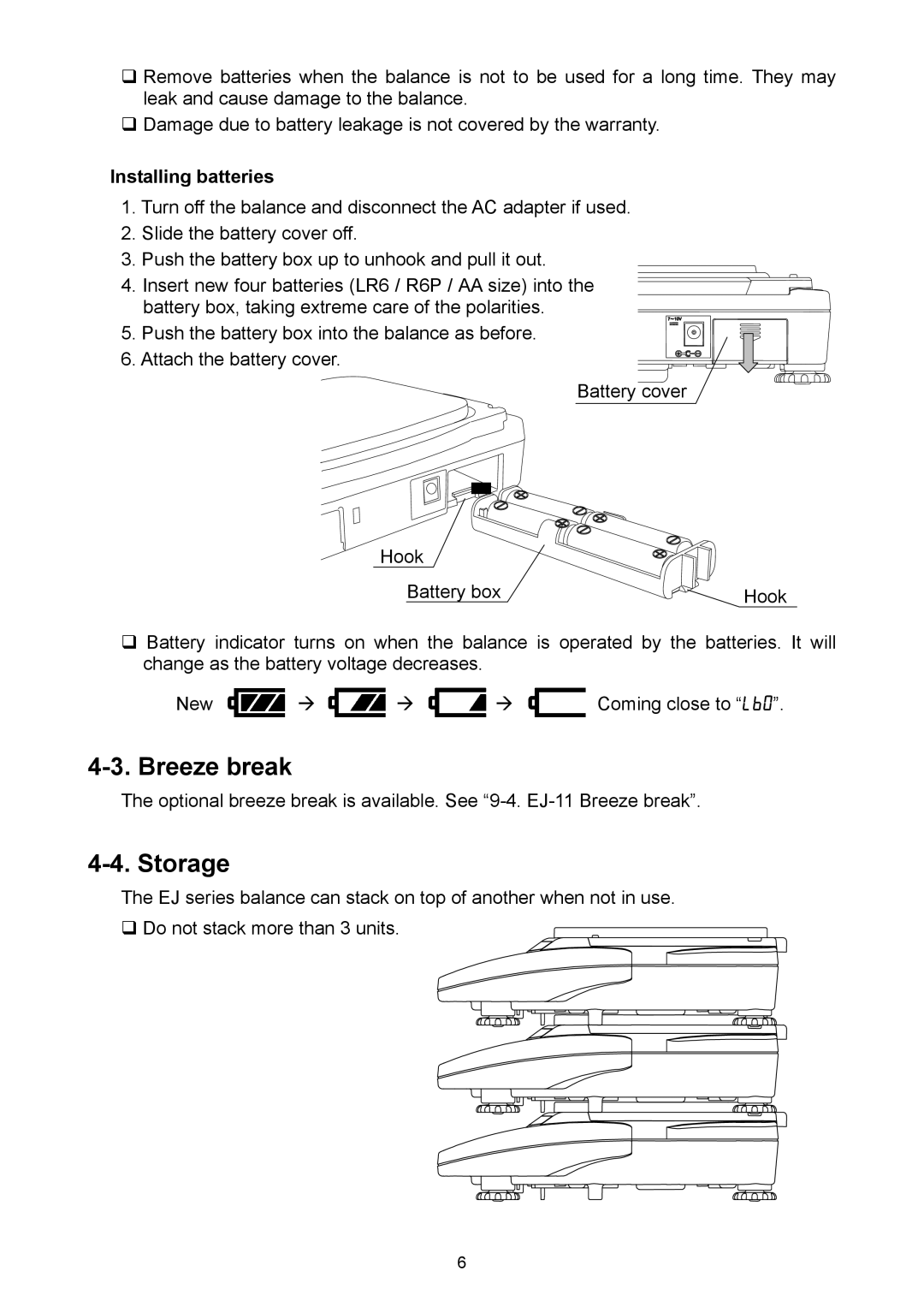 A&D EJ-2000, EJ-6100, EJ-440, EJ-3000, EJ-4100, EJ-120, EJ-1500 manual Breeze break, Storage, Installing batteries 