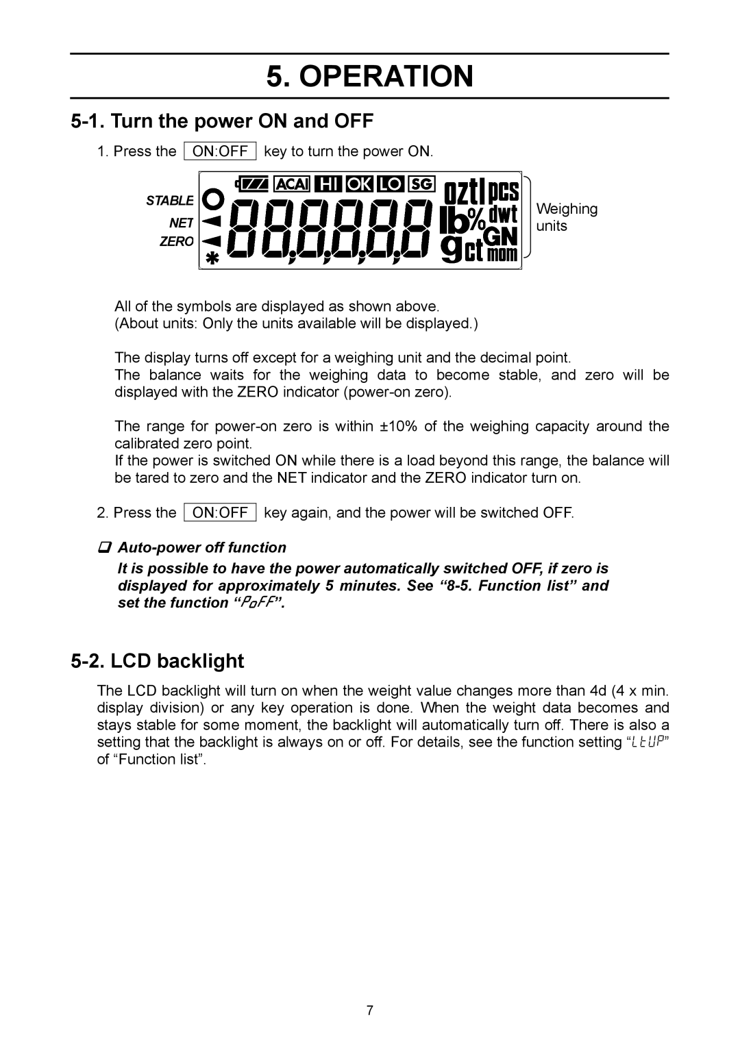 A&D EJ-1500, EJ-6100, EJ-440, EJ-3000, EJ-4100, EJ-120, EJ-2000 manual Operation, Turn the power on and OFF, LCD backlight 