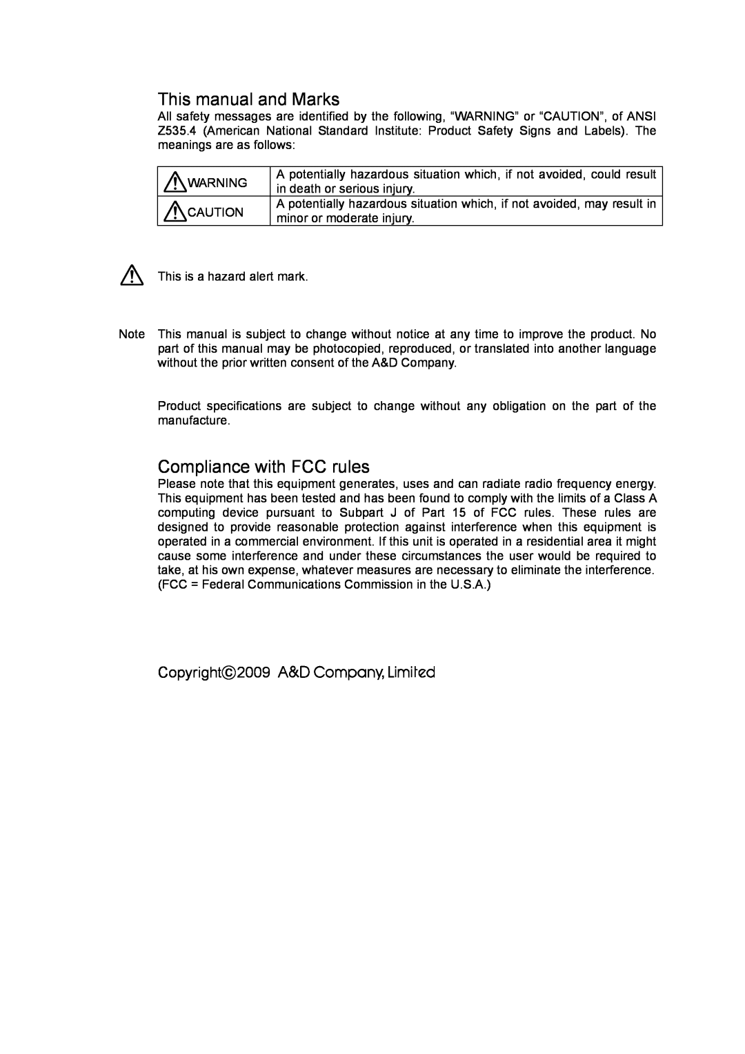 A&D EJ-440, EJ-6100, EJ-3000, EJ-200, EJ-4100, EJ-120 This manual and Marks, Compliance with FCC rules, Copyright2009 