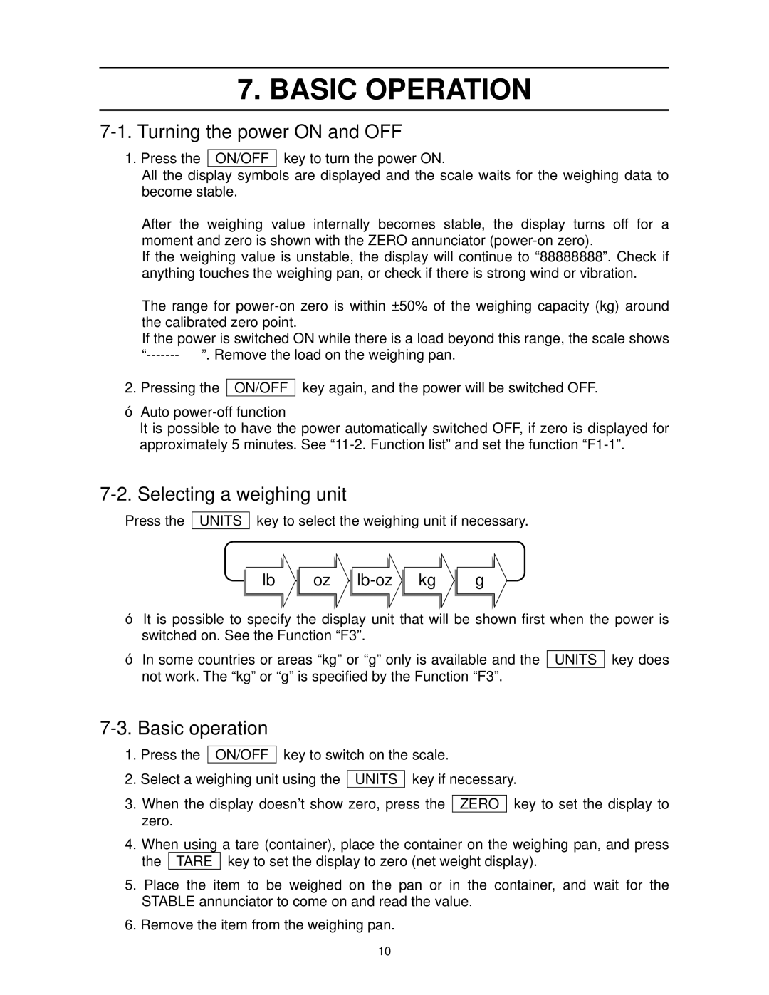 A&D FS-15Ki Basic Operation, Turning the power on and OFF, Selecting a weighing unit, Basic operation, Lb oz lb-oz kg g 