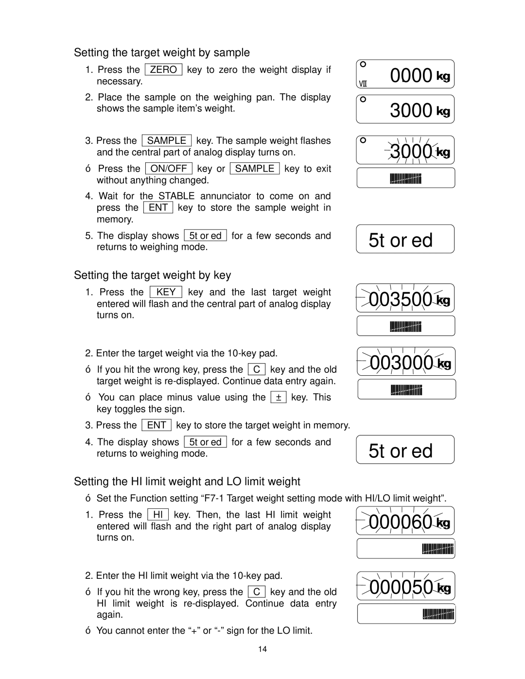 A&D FS-30Ki, FS-15Ki, FS-6Ki manual 000000 003000 5tored 003500, 000060 000050, Setting the target weight by sample 