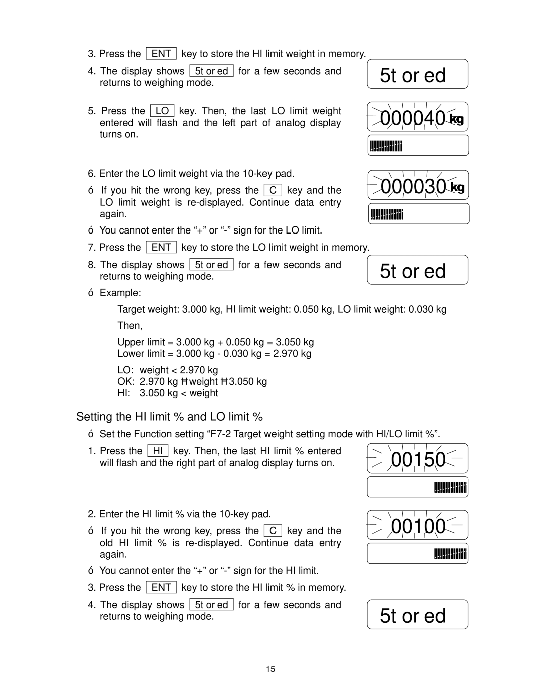 A&D FS-6Ki, FS-15Ki, FS-30Ki manual 5tored 000030, 000150, 000100 5tored, Setting the HI limit % and LO limit % 