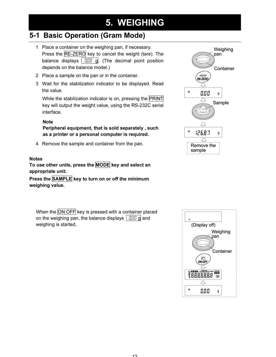 A&D FX-120i/FX-200i/FX-300i/FX1200i/FX2000i/FX3000i instruction manual Weighing, Basic Operation Gram Mode 