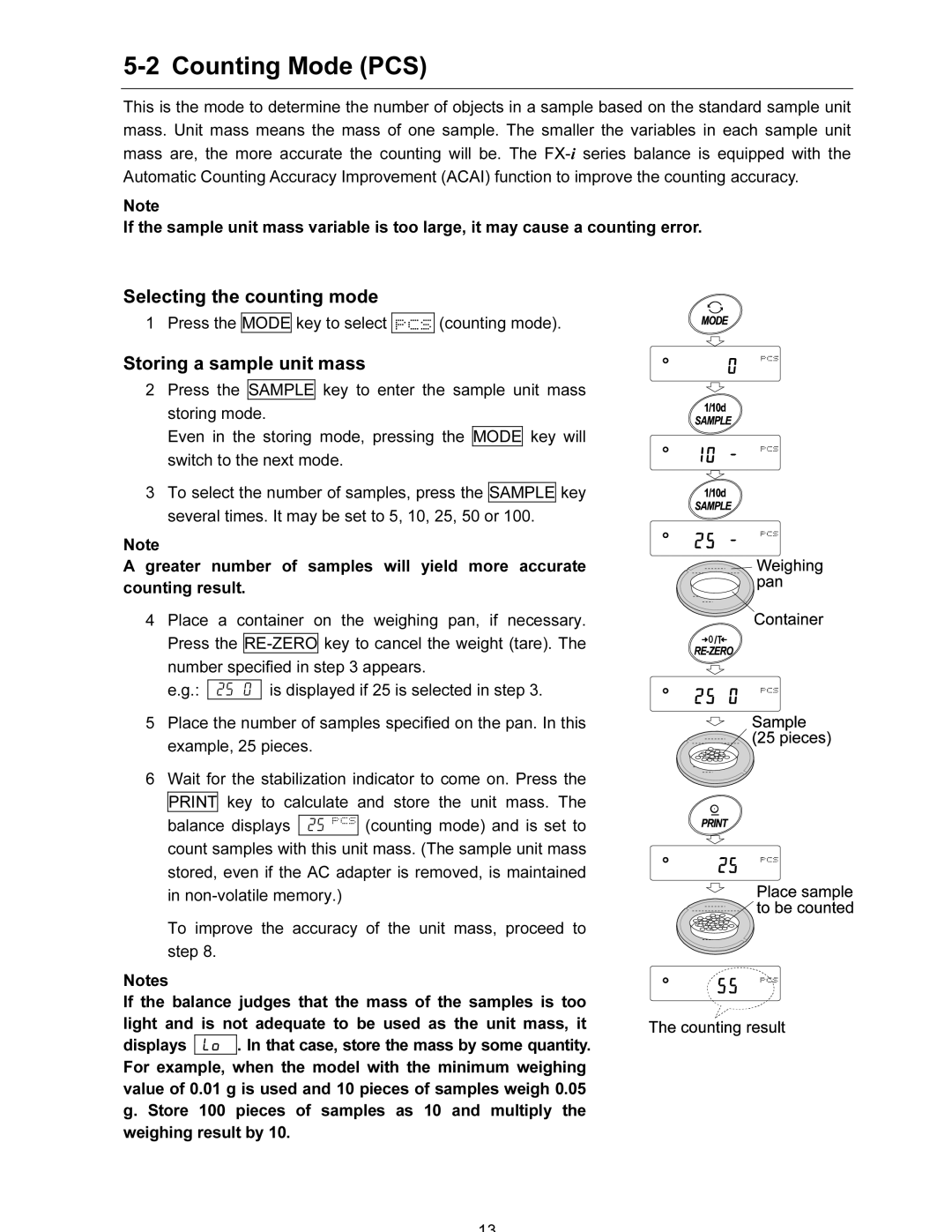 A&D FX-120i/FX-200i/FX-300i/FX1200i/FX2000i/FX3000i instruction manual Counting Mode PCS, Selecting the counting mode 