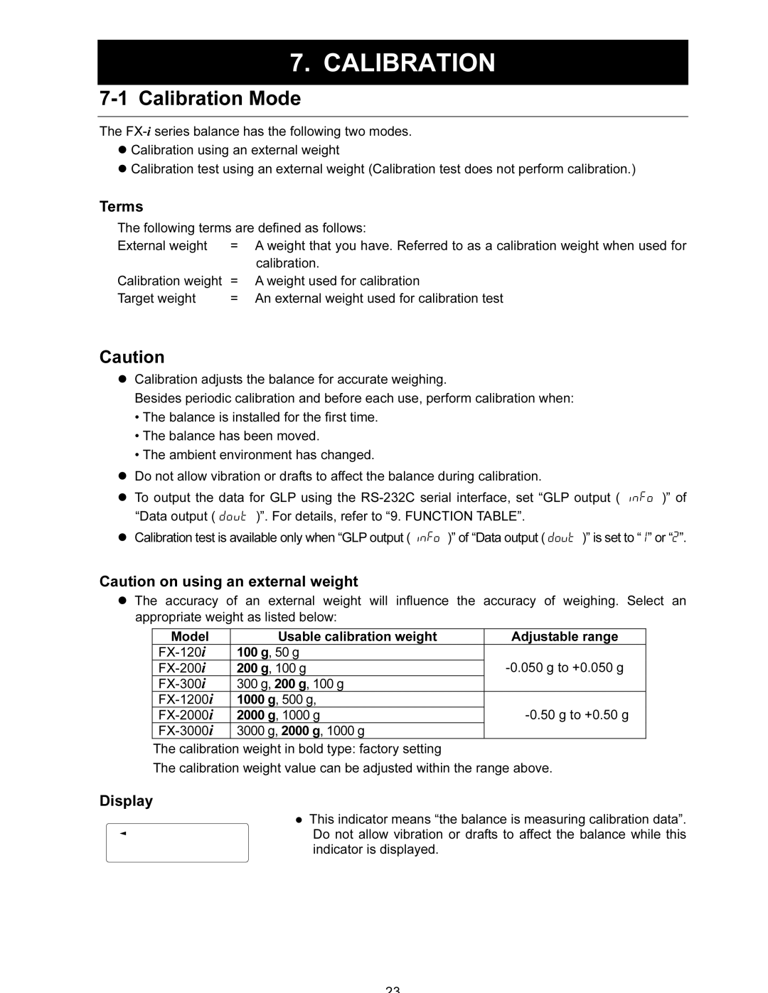 A&D FX-120i/FX-200i/FX-300i/FX1200i/FX2000i/FX3000i instruction manual Calibration Mode, Terms, Display 