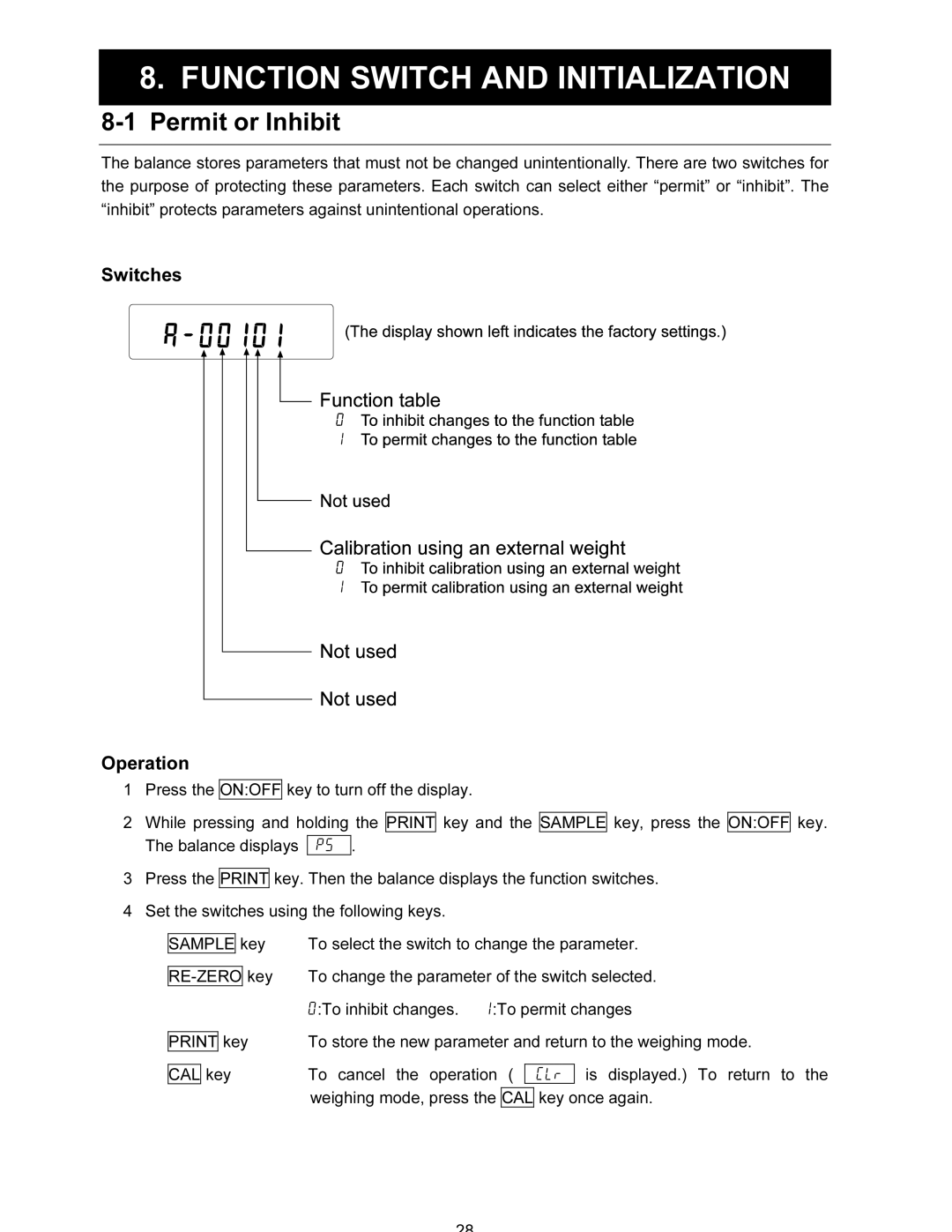 A&D FX-120i/FX-200i/FX-300i/FX1200i/FX2000i/FX3000i Function Switch and Initialization, Permit or Inhibit 