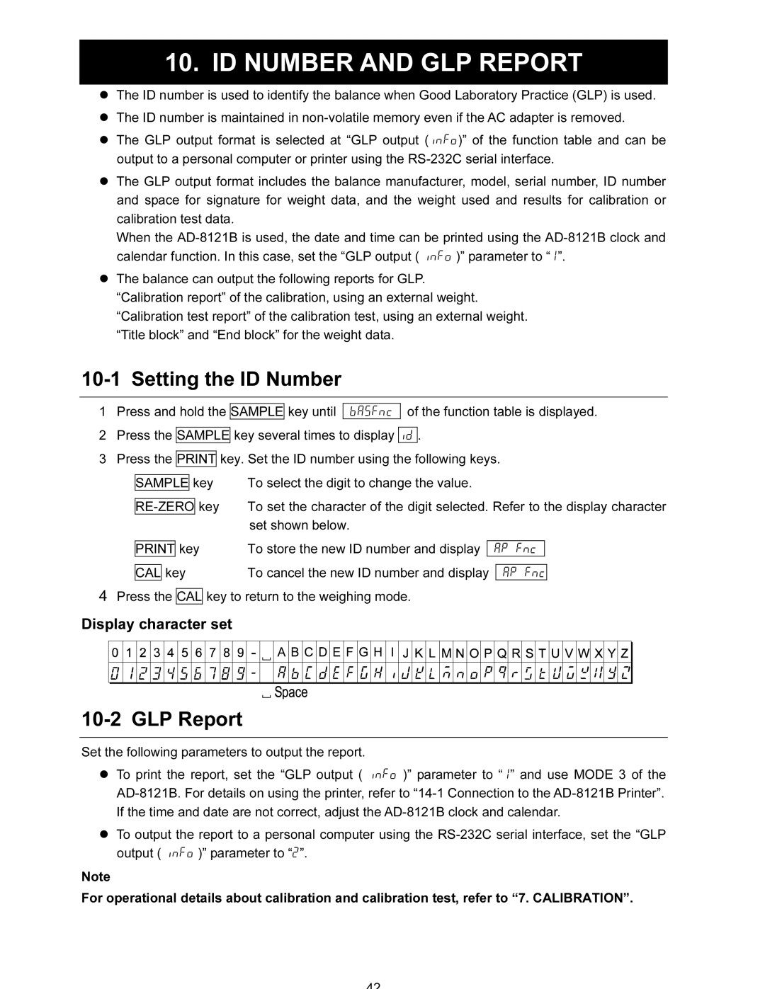 A&D FX-120i/FX-200i/FX-300i/FX1200i/FX2000i/FX3000i ID Number and GLP Report, Setting the ID Number, Display character set 