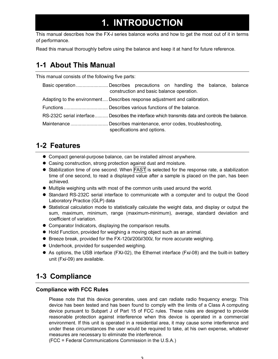 A&D FX-120i/FX-200i/FX-300i/FX1200i/FX2000i/FX3000i Introduction, About This Manual, Features, Compliance 