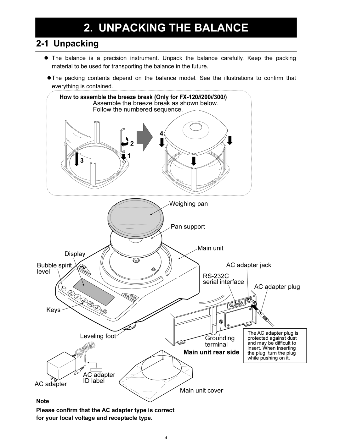 A&D FX-120i/FX-200i/FX-300i/FX1200i/FX2000i/FX3000i instruction manual Unpacking the Balance 