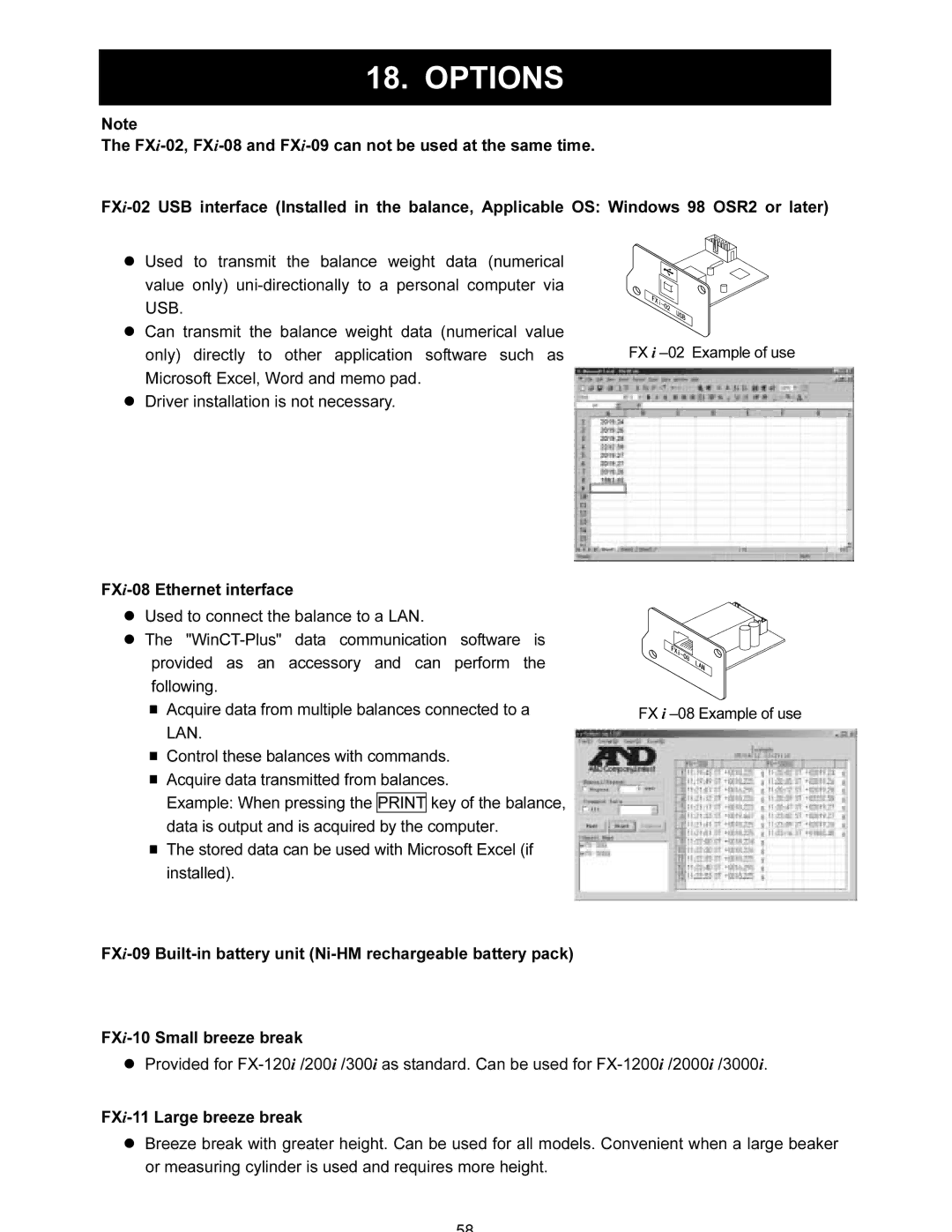 A&D FX-120i/FX-200i/FX-300i/FX1200i/FX2000i/FX3000i instruction manual Options 