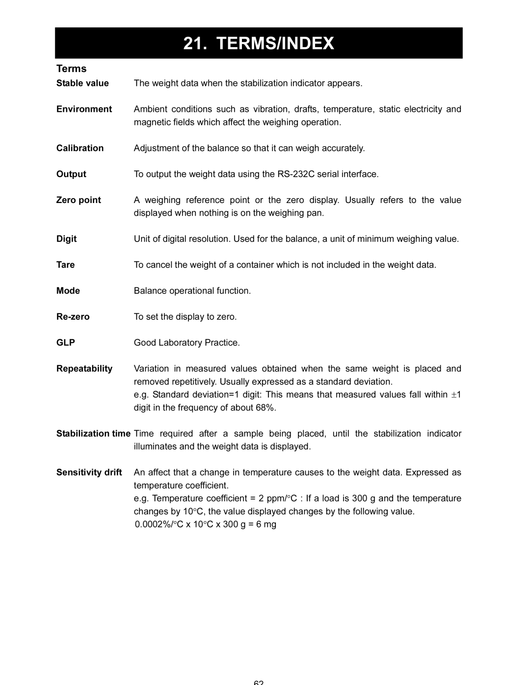 A&D FX-120i/FX-200i/FX-300i/FX1200i/FX2000i/FX3000i instruction manual Terms/Index, Glp 