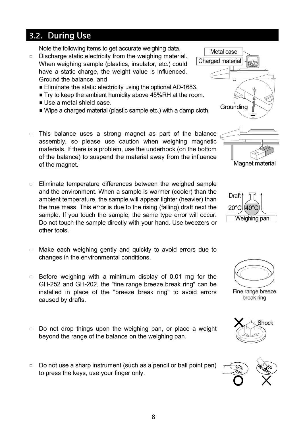 A&D GH-120/GH-200/GH-300/GH-202/GH-252 manual During Use, Shock 