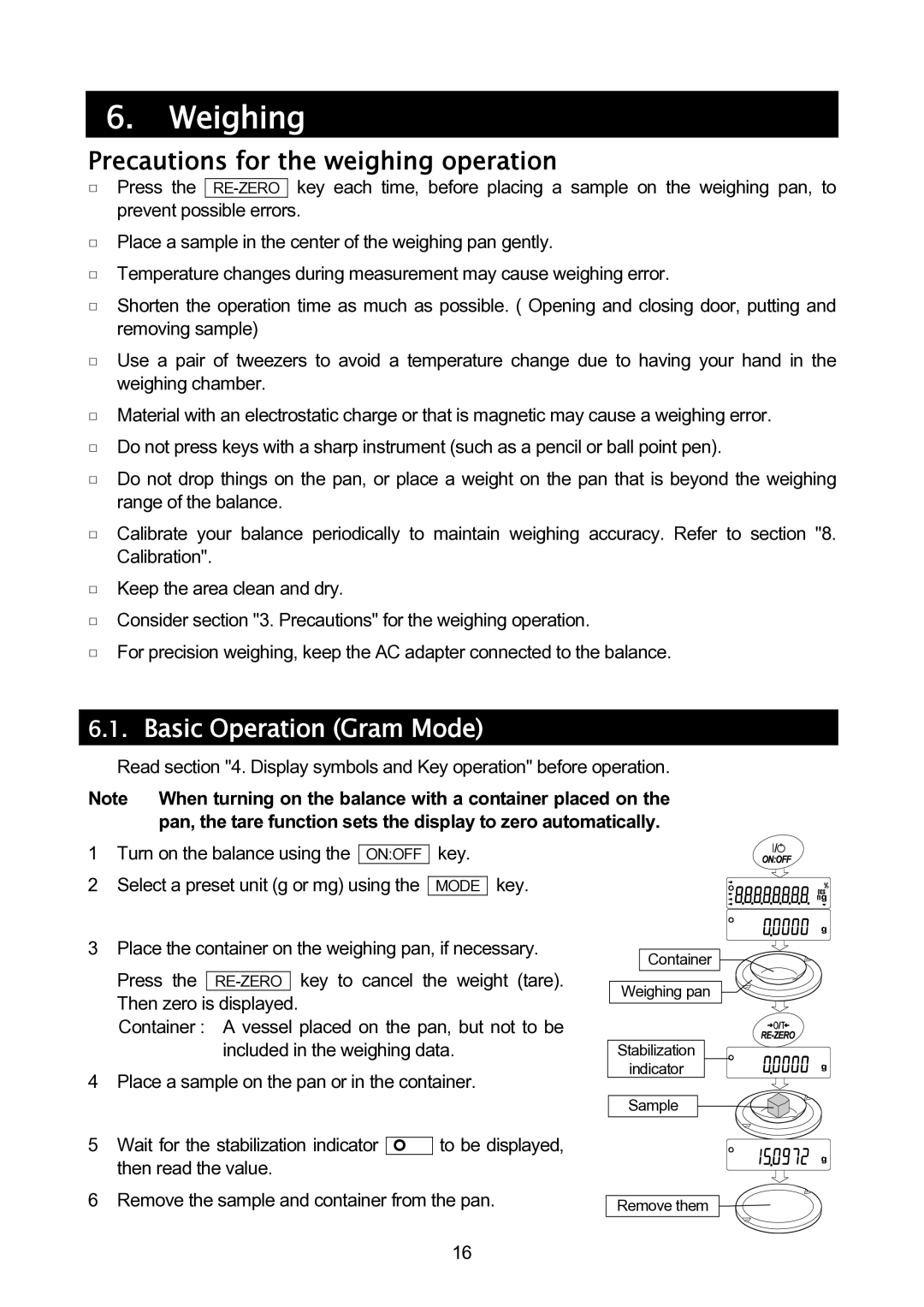 A&D GH-120/GH-200/GH-300/GH-202/GH-252 manual Weighing, Precautions for the weighing operation, Basic Operation Gram Mode 