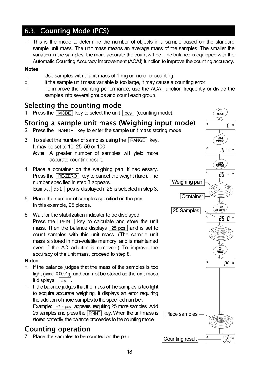 A&D GH-120/GH-200/GH-300/GH-202/GH-252 manual Counting Mode PCS, Storing a sample unit mass Weighing input mode 